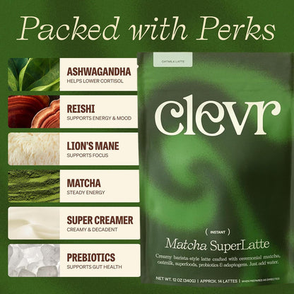 Clevr Pistachio Matcha SuperLatte, Organic Ceremonial Grade, Instant Superfood Powder Blend with Lions Mane, Reishi Mushroom, Coconut Cream, Ashwagandha, Serve Hot or Iced (14 Lattes)