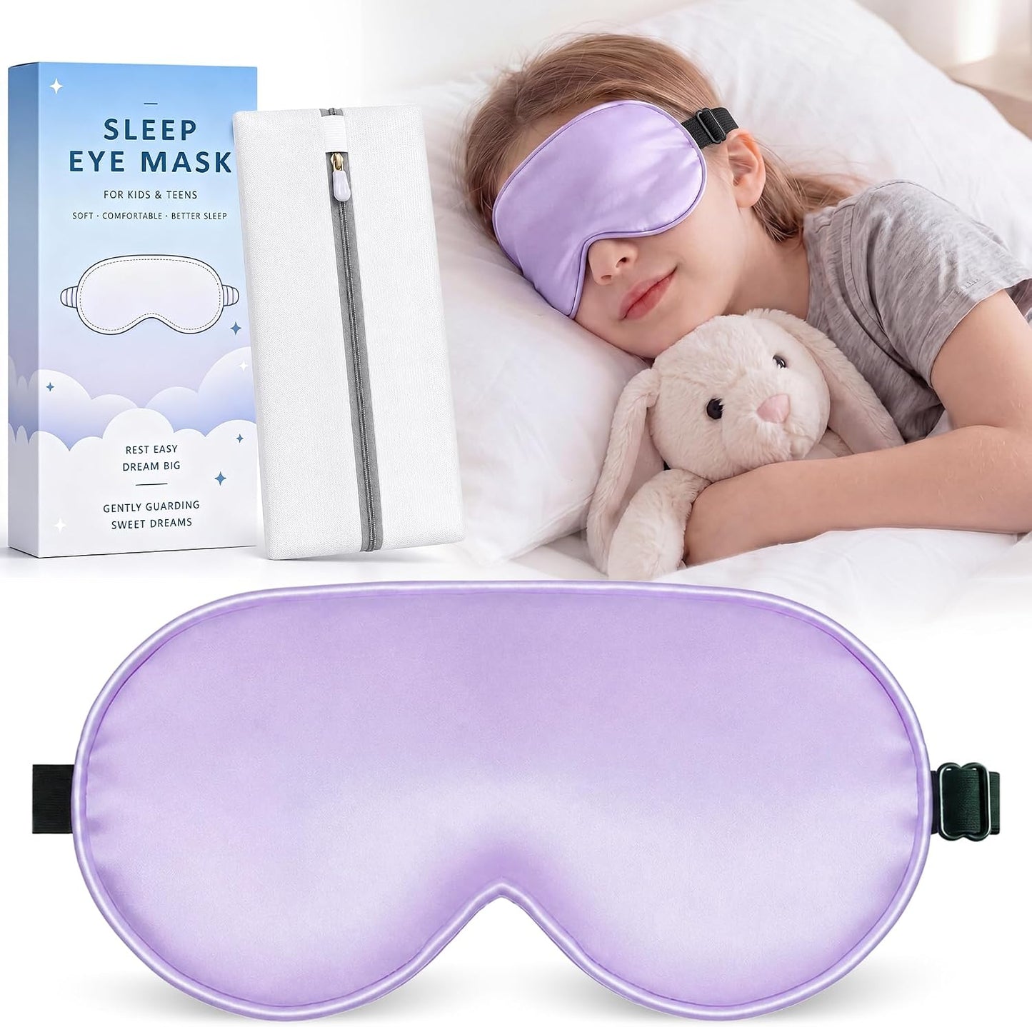 Kids Sleep Mask, Soft Eye Mask for Boys Girls with Adjustable Strap, Silk Light Blocking Sleeping Mask for Naps, Travel and Night Sleep, Includes Laundry Bag (Black)