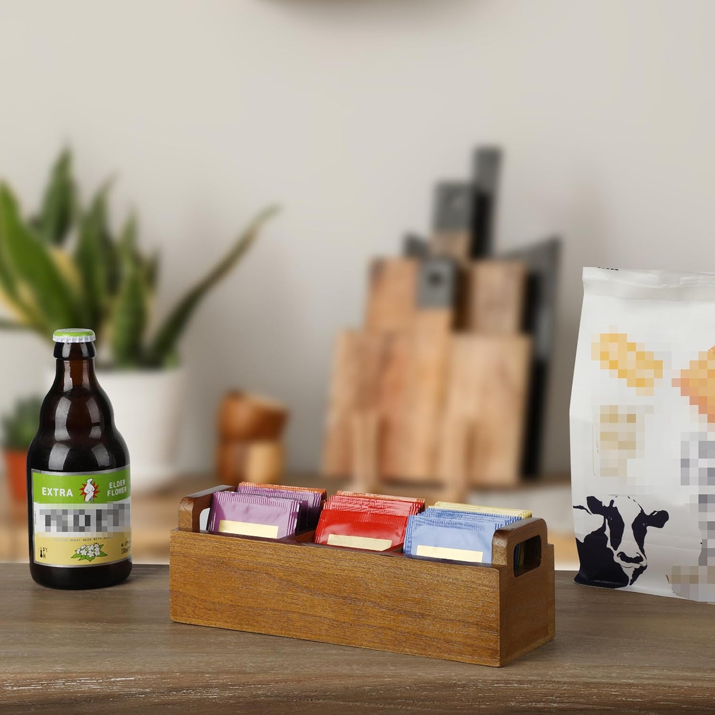 BAMBOO LAND- Small Wooden Tea Bag Organizer, 3 Slot Small Wooden Tea Bag Holder for Countertop, Storage Caddy Box for Tea Packets, Sugar Packet Holder, Kitchen Accessory for Home, Office, Coffee Bar