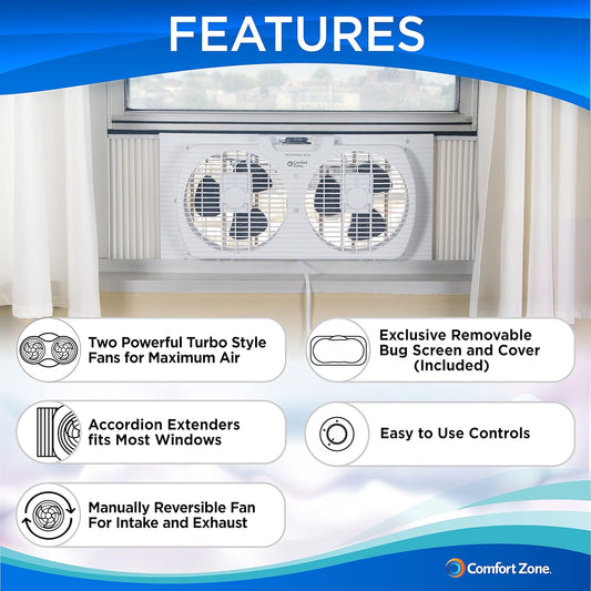 Comfort Zone Twin Window Fan with Reversible Airflow Control, 9 inch, Auto-Locking Expanders, 2 Speed Fan, Dual Fan, Exhaust, Airflow 9.84 ft/sec, Ideal for Home, Kitchen, Bedroom & Office, CZ319WT