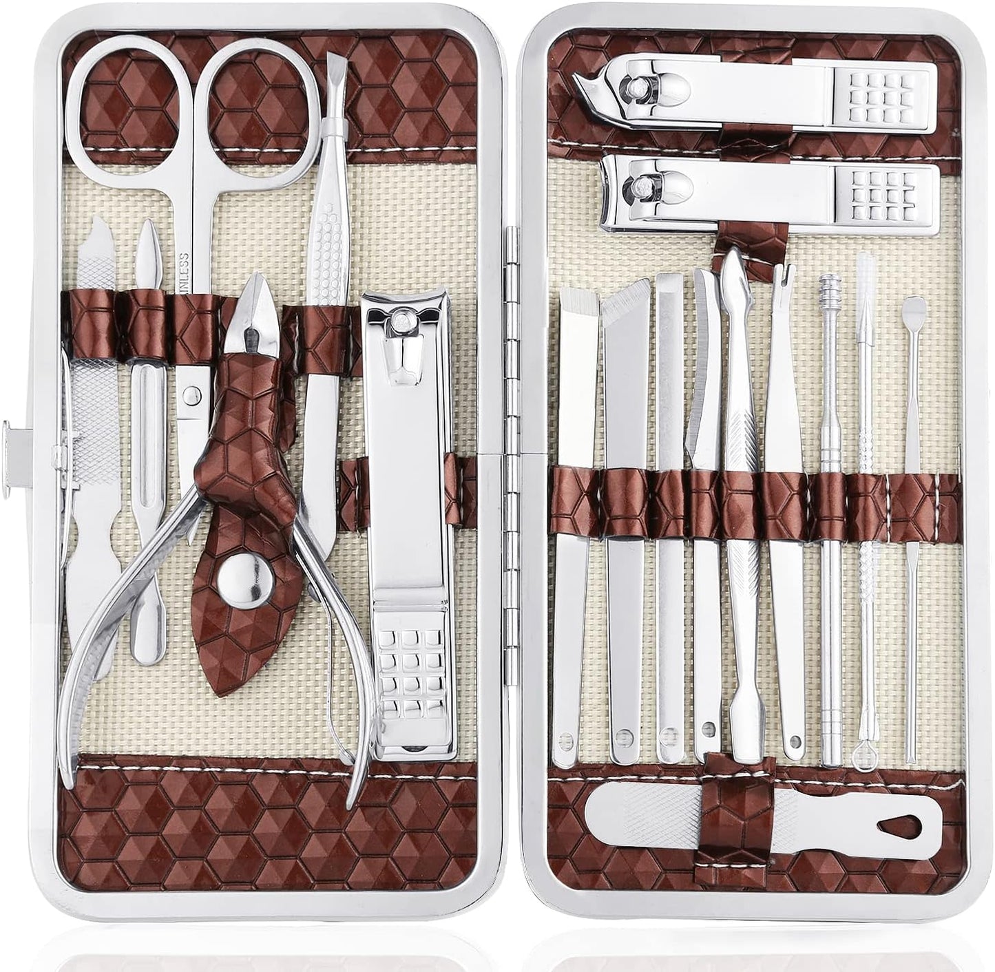 Yougai Manicure Set 18 Pieces Professional Nail Clippers Pedicure Kit Men Women, Stainless Steel Fingernail Toenail Cutters, Nail Care Grooming Tools with Leather Travel Case