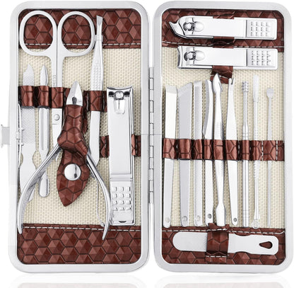Yougai Manicure Set 18 Pieces Professional Nail Clippers Pedicure Kit Men Women, Stainless Steel Fingernail Toenail Cutters, Nail Care Grooming Tools with Leather Travel Case