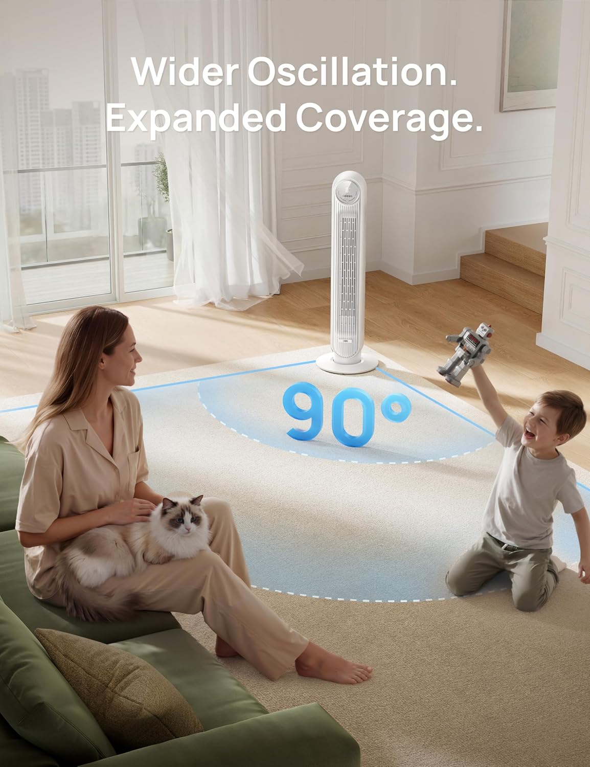 DREO Tower Fan for Bedroom, 2026 Upgraded DC Motor, 28ft/s Smart Standing Fans, 90° Oscillating Floor Fan with 20dB Ultra Quiet, 8 Speeds 4 Modes, 8H Timer, Bladeless, Remote, WiFi Voice Control