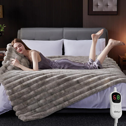 Heated Throw Blanket, Faux Fur Cozy Heating Blanket with Overheat Protection, 1/2/4/6/8 Hours Auto-Off 10 Heat Level, Machine Washable (50x60 Inches, Cream White)