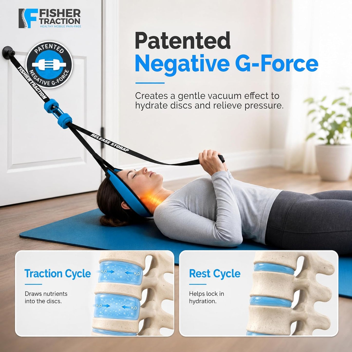 Fisher Traction Lower Back Decompression Device – Lumbar Traction for Spinal Decompression – Patented Stretcher Strap Release for Spinal Rehydration – Lightweight & Portable (Under 230 lbs)