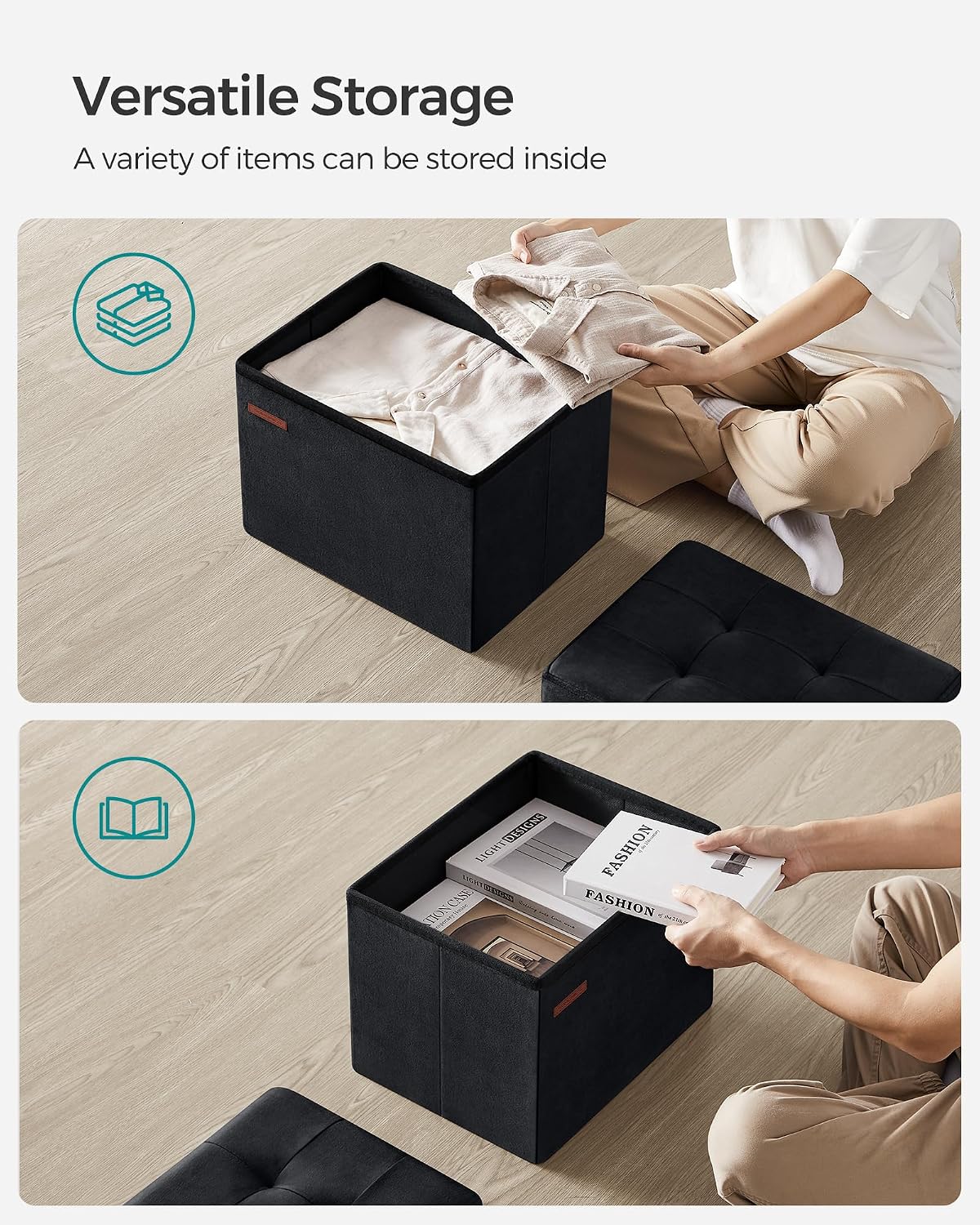 SONGMICS Small Folding Storage Ottoman, Foot Rest Stool, Cube Footrest, Synthetic Leather, 12.2 x 16.1 x 12.2 Inches, 286 lb Capacity, for Living Room, Bedroom, Dorm, Ink Black ULSF100B01