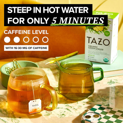 TAZO Organic Green Tea, Green Ginger, Caffeinated Tea, 16 Total Bags (Pack of 2)