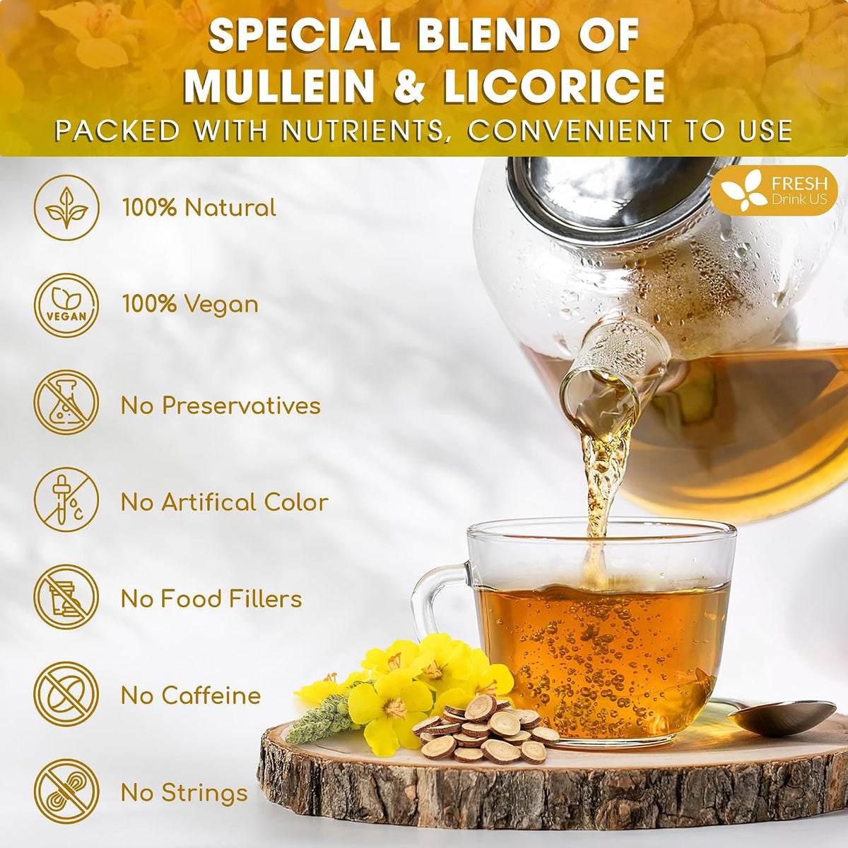 FreshDrinkUS, Premium Mullein Licorice 55 Tea Bags, 100% Natural, Blend of Mullein Leaves, and Licorice Root. No Sugar, Vegan.