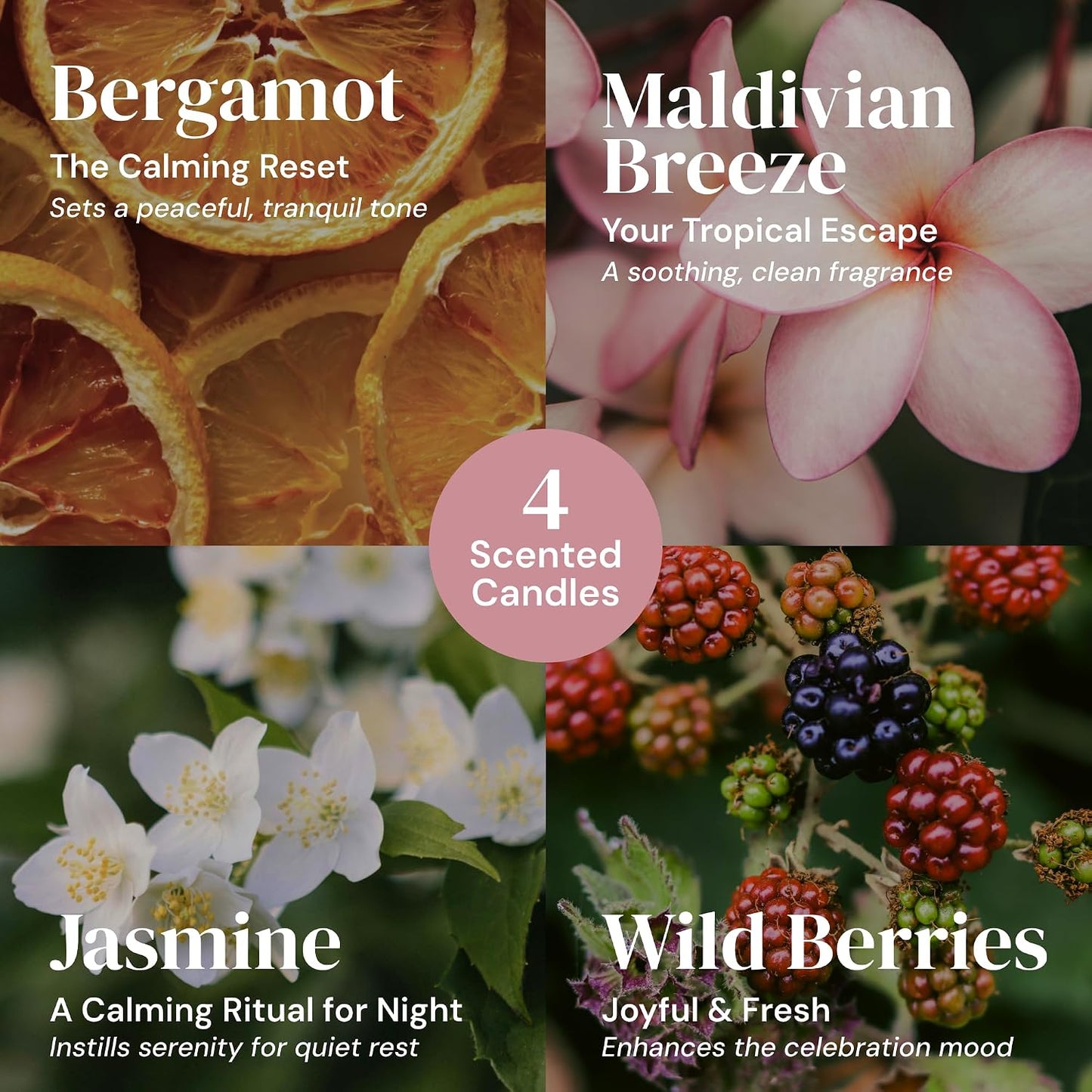 6-pc Scented Candle Gift Set for Women, Aromatherapy Inspired Adelegourdain | Incl. 4 Soy Wax Candles and 2 Fragrance Packets - Gift Ready Box - Scents incl. Bergamot, Maldivian Breeze, Jasmine, Berries