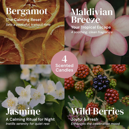 6-pc Scented Candle Gift Set for Women, Aromatherapy Inspired Adelegourdain | Incl. 4 Soy Wax Candles and 2 Fragrance Packets - Gift Ready Box - Scents incl. Bergamot, Maldivian Breeze, Jasmine, Berries