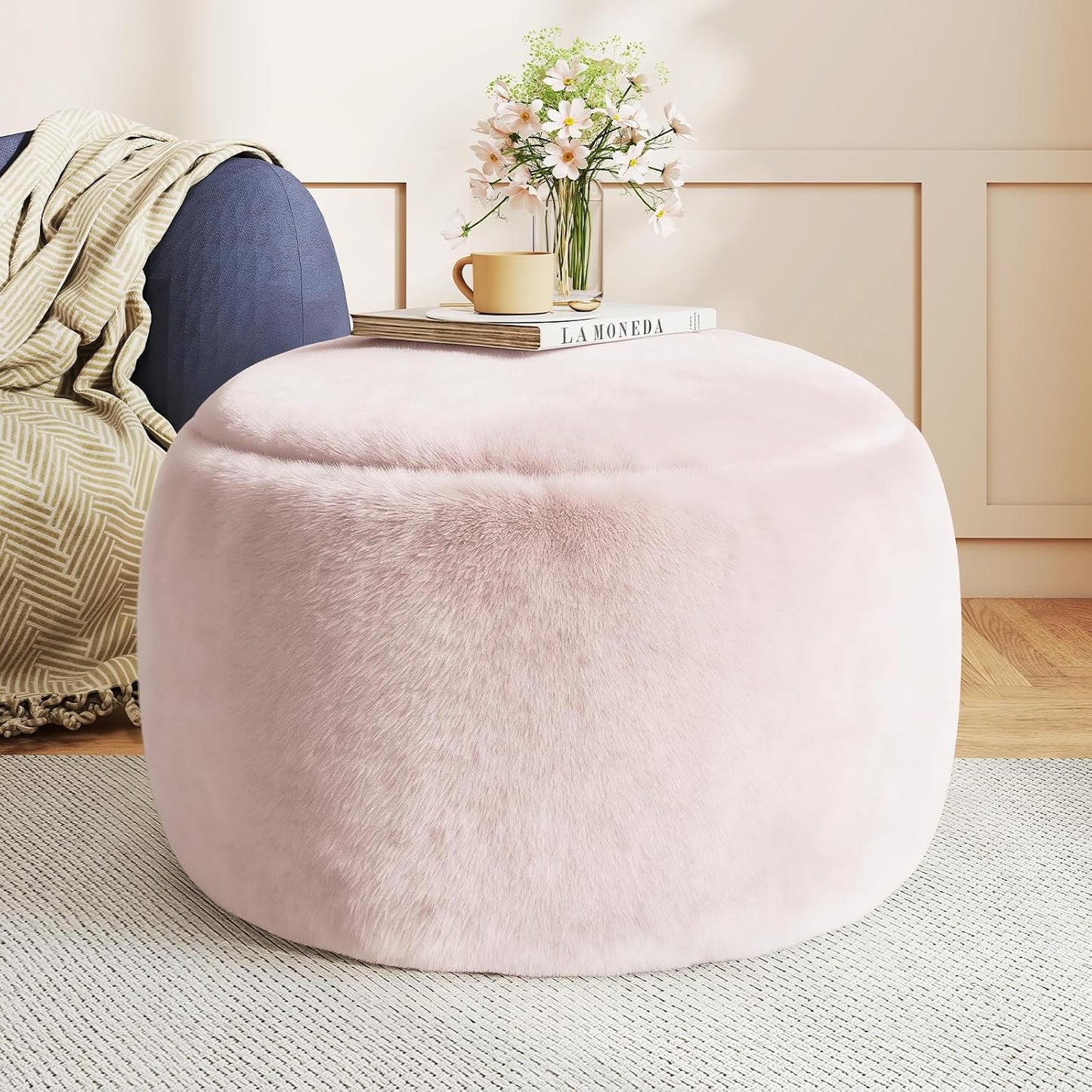 Round Stuffed Pouf Ottoman Foot Rest, Faux Fur Poufs with Memory Foam Filling, Ottomans for Living Room, Nursery, Dorm, Soft Foot Stool Ottoman for Couch, Perfect for Resting Your Feet (Grey, 20 Inch)