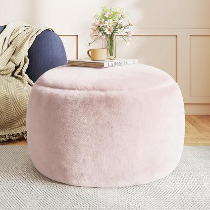 Round Stuffed Pouf Ottoman Foot Rest, Faux Fur Poufs with Memory Foam Filling, Ottomans for Living Room, Nursery, Dorm, Soft Foot Stool Ottoman for Couch, Perfect for Resting Your Feet (Grey, 20 Inch)