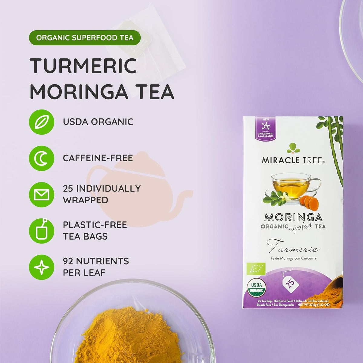 Miracle Tree Organic Moringa Tea, Turmeric, Caffeine-Free, 25 Bags