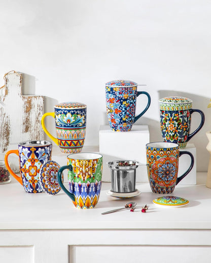 vancasso Ceramic Tea Mug with Infuser and Lid, 18 Ounce Bohemian Loose Leaf Cup, Microwave & Dishwasher Safe, Perfect for Tea, Coffee, Burnt-Cobalt Mandala