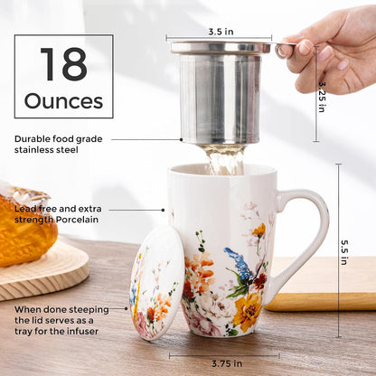 GBhome Tea Mug with Infuser and Lid, 18 Ounce Large Ceramic Loose Leaf Cup, Microwave, Dishwasher Safe, Perfect for Tea Lovers