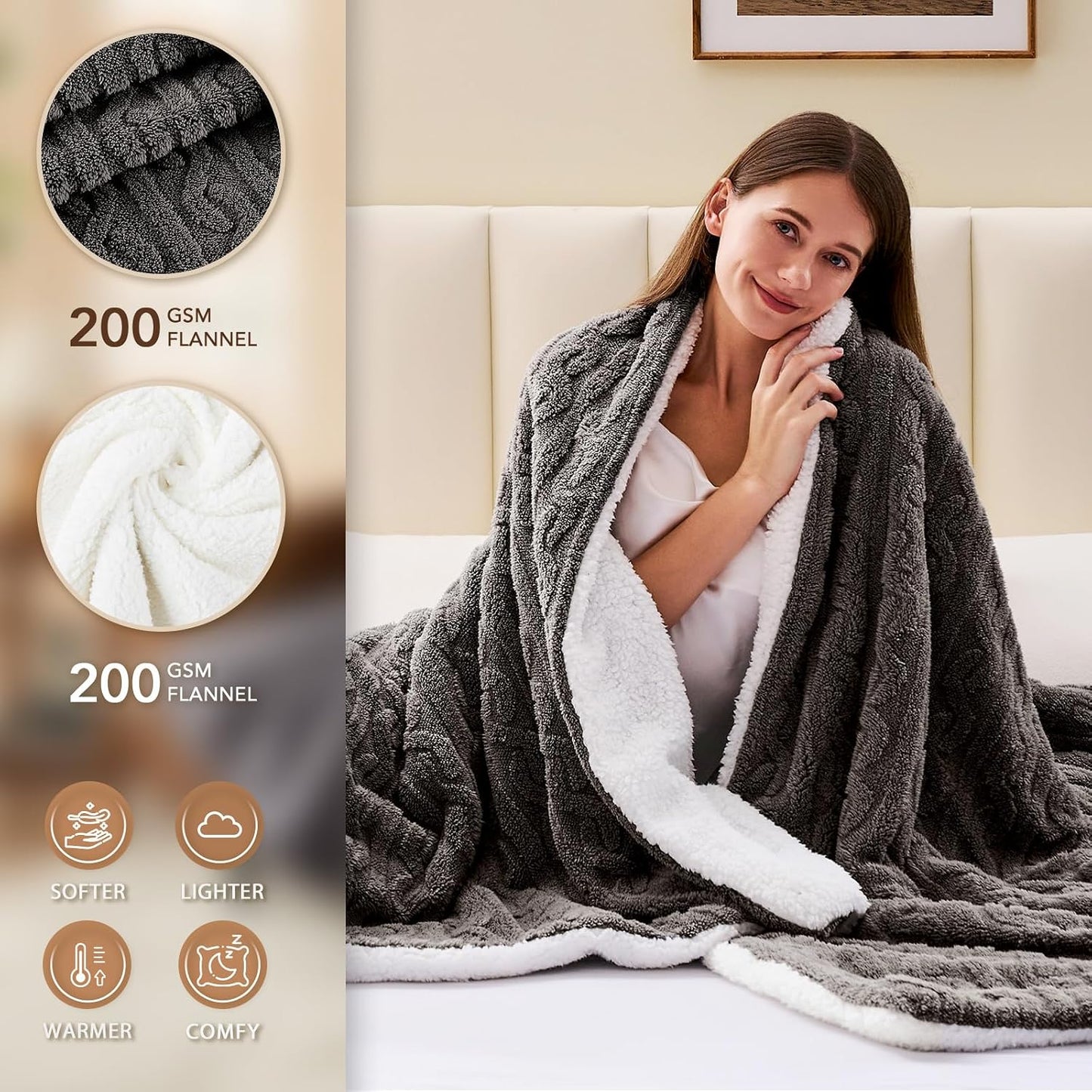 Homemate Electric Heated Blanket Twin - 62"x84" Heating Bed Blankets Throw with 10 Heating Levels 8 Hours Auto Off Fast Heating Over-Heated Protection Ultra Soft Warm Flannel ETL Certified Grey - Colors A