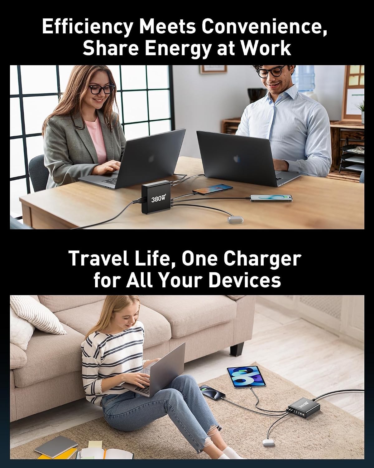 380W USB C Charger Block with 4 USB Cables Dual 100W Charging Station