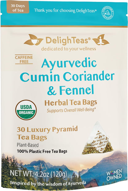 DelighTeas Organic Digest & Detox CCF Tea | Eco-friendly, Compostable Pyramid Tea Bags | Ayurvedic Cumin, Coriander, Fennel Tea | USDA Organic, Caffeine Free, Kosher | 30 Tea Bags, 4g each