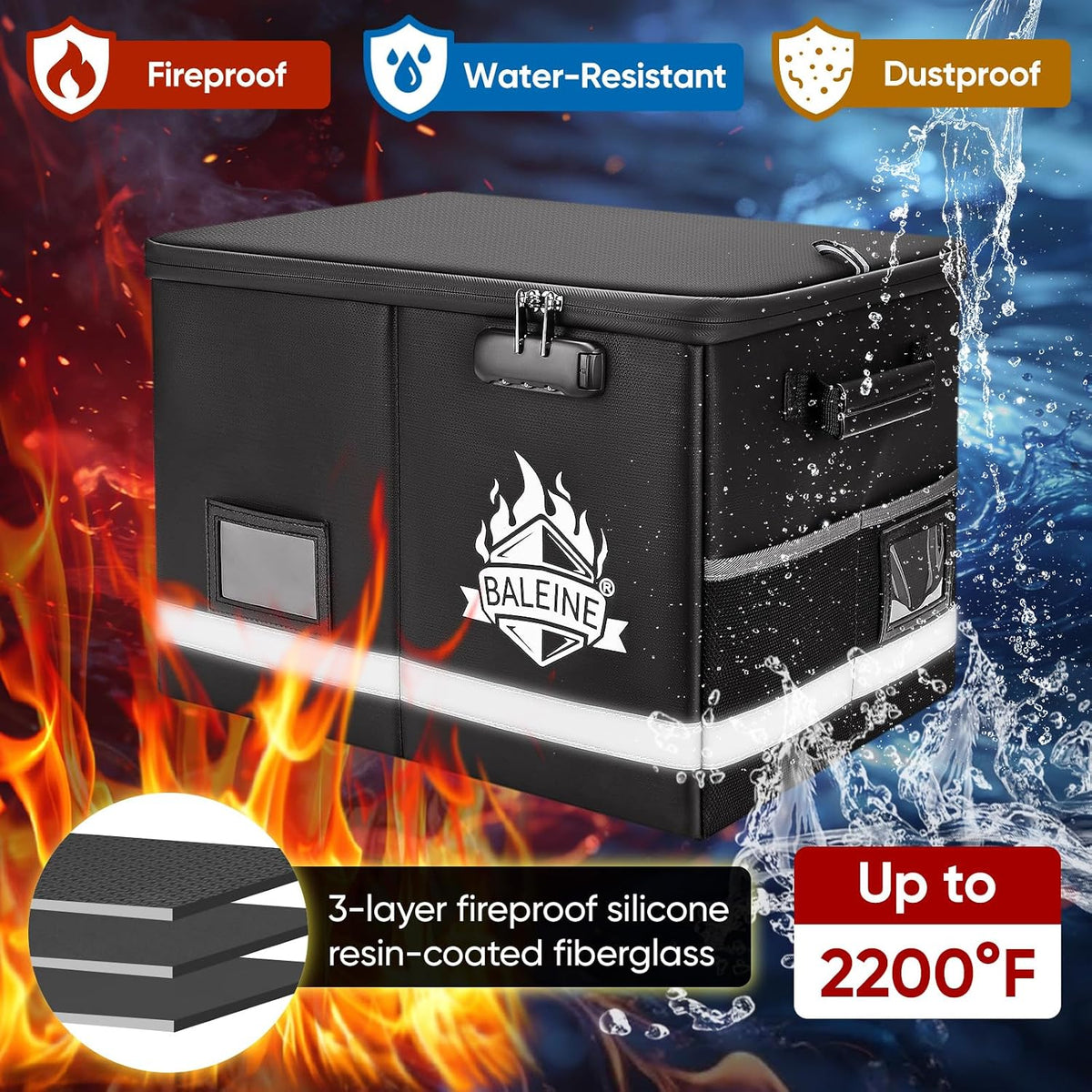 BALEINE Fireproof Document Box with Lock, Portable Fireproof Document Bag Waterproof Fire Proof File Boxes for Documents, File Organizer Box for Important Paperwork (Black, 12.5''x10.5''x6'')