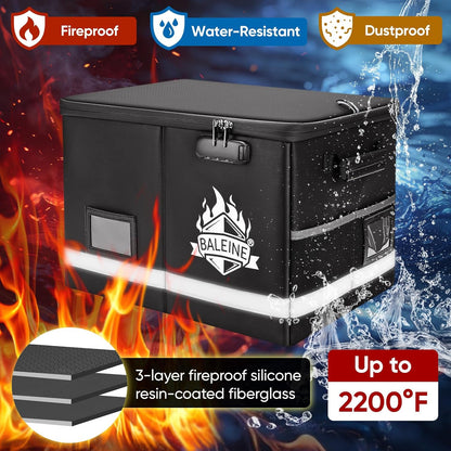 BALEINE Fireproof Document Box with Lock, Portable Fireproof Document Bag Waterproof Fire Proof File Boxes for Documents, File Organizer Box for Important Paperwork (Black, 12.5''x10.5''x6'')