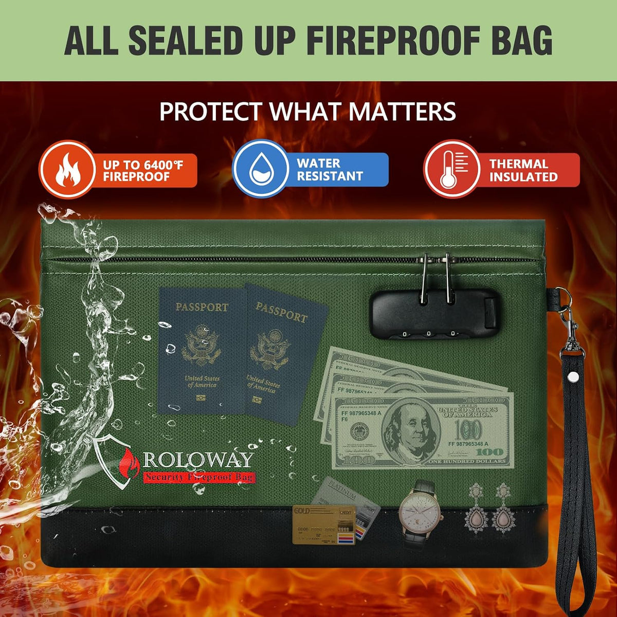 ROLOWAY Fireproof Money Bag with Lock for Cash, 6400°F Fire Proof Document Bag (12.2 x 8.5 x 1.6 inches), Money Pouch with Zipper (Pink)