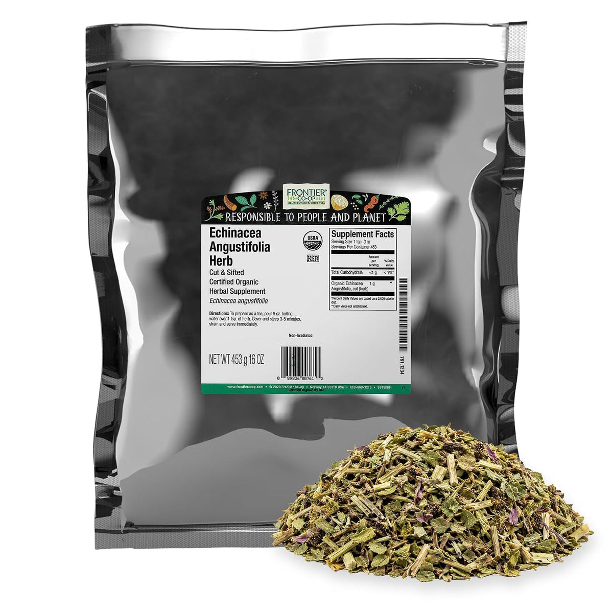 Frontier Co-op Organic Echinacea Angustifolia Herb, 1lb Bulk Bag - Cut and Sifted, Dried - Ideal for Echinacea Root Tea and Herbal Uses, Kosher