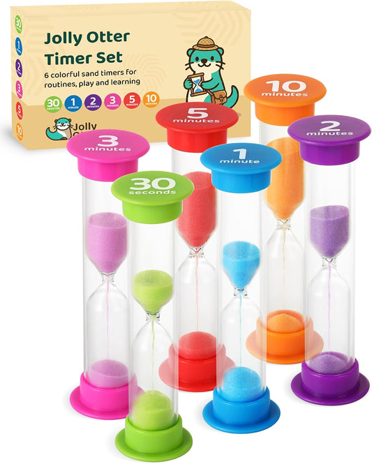 Sand Timer for Kids - Pack of 6 Hourglass Timers 30 Second, 1, 2, 3, 5 & 10 Minute Timer for Brushing Teeth, Games & More - Multi-Color Set Sand Clock for Classroom