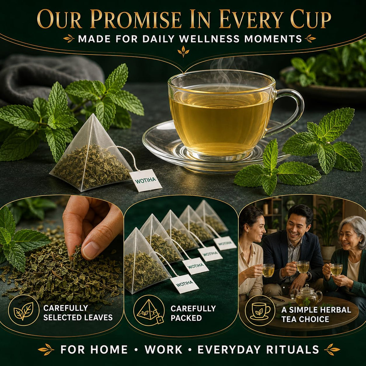WOTIHA 80 Count Premium Spearmint Tea Bags - 100% Pure Natural Spearmint Leaves, High in Antioxidants, Supports Digestion, Caffeine-Free, Additive-Free, Sugar-Free, Vegan Non-GMO.
