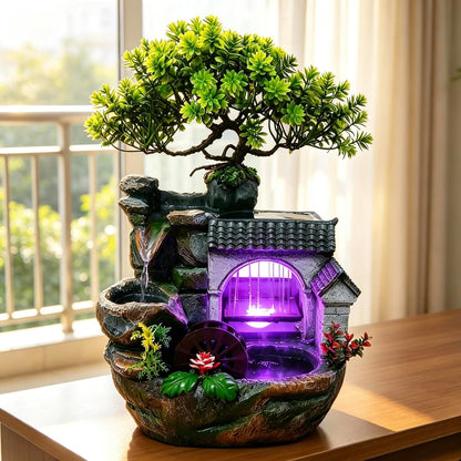 Mini Artificial Bonsai Tree Waterfall Fog Feature Rock Tabletop Fountain | 11in Desktop Decor Waterfall Fountain W/ Water Pump& Atomizer&LED Lights &Fake Tree Office Bedroom Relax