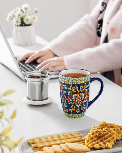 vancasso Ceramic Tea Mug with Infuser and Lid, 18 Ounce Bohemian Loose Leaf Cup, Microwave & Dishwasher Safe, Perfect for Tea, Coffee, Burnt-Cobalt Mandala