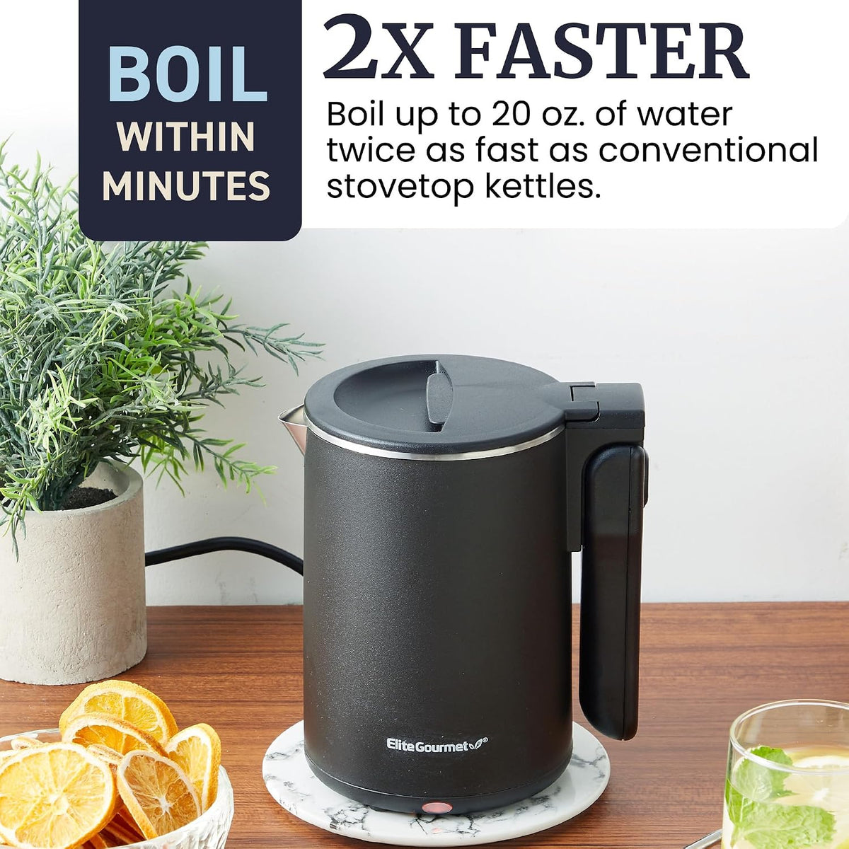 Elite Gourmet 1.7L Dual-Wall Cool-Touch Tea Kettle, Touchscreen, Black