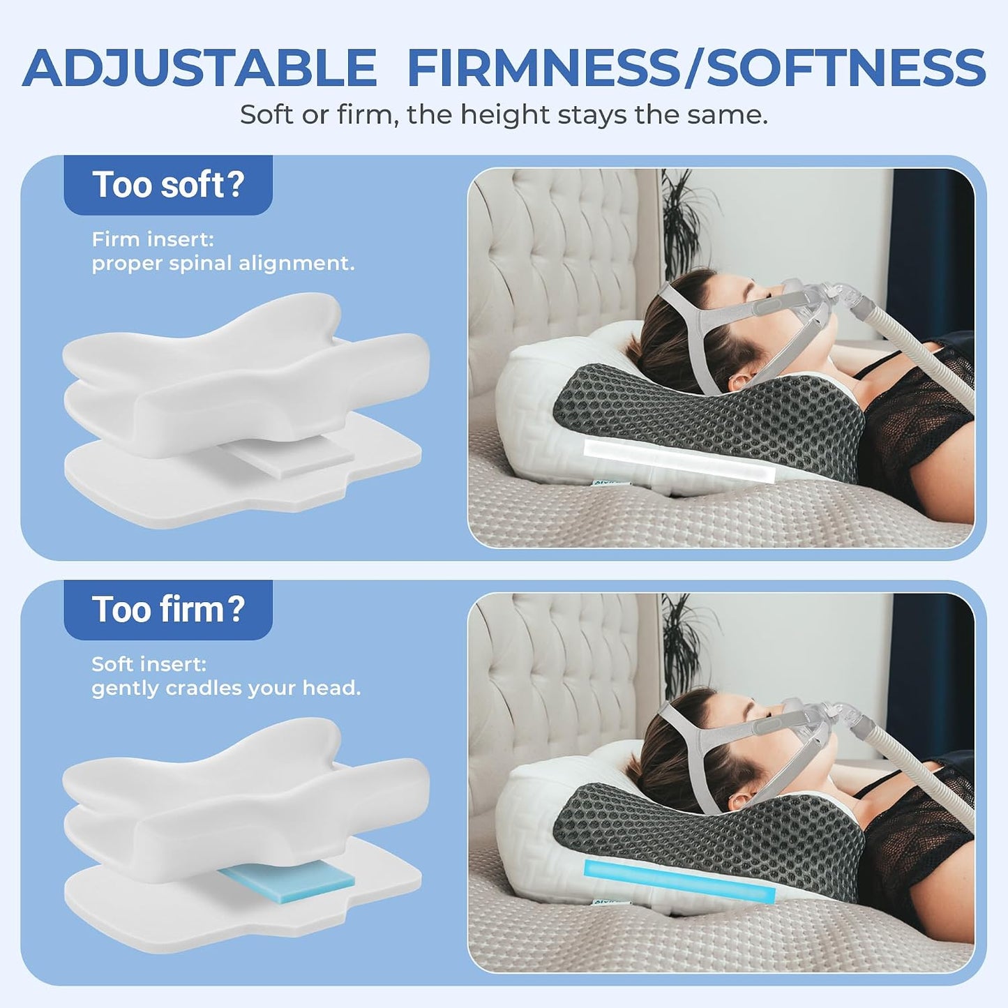 Elviros CPAP Pillow for Sleeping, HSA/FSA Ergonomic Adjustable Height Neck Support Memory Foam Bed Pillow for CPAP Users with Sleep Apnea, Suitable for Side and Back Sleepers
