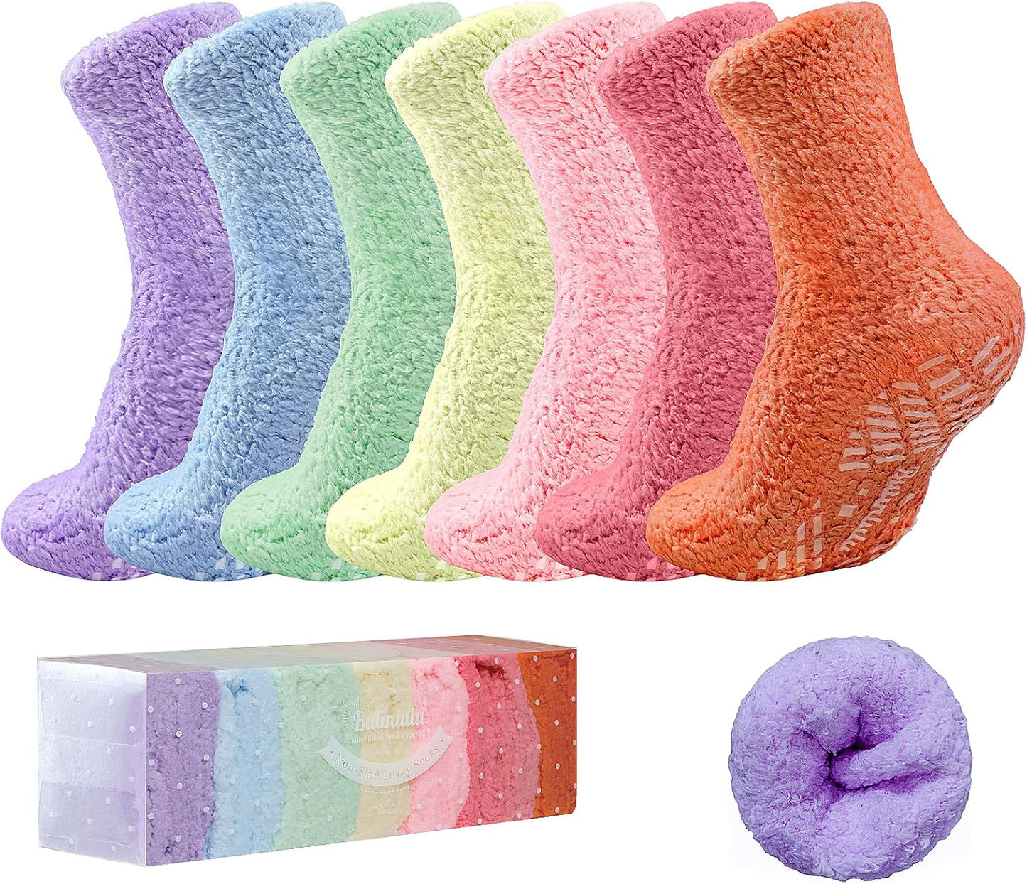 Bulinlulu Fuzzy Socks with Grips Plush Sleep Cozy Winter Soft Hospital Fluffy Socks for Womens Mens Gifts
