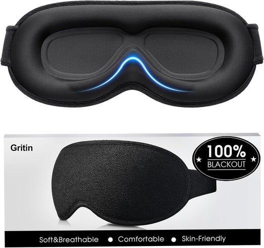 Gritin 100% Blackout Sleep Eye Mask for Women Men, Zero Pressure Sleeping Mask - Ergonomic Design 3D Cutout Eye Movement and Eyelash Friendly Night Blindfold, Ultra Soft Comfortable for Sleeping