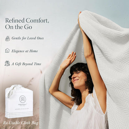 Threadmill Travel Blanket Cotton Viscose from Bamboo - Airplane Premium Soft Flight Grey Throw Blanket in Cloth Bag (Grey Color) Compact & Portable Blanket for Travel, Car, Picnic & Camping