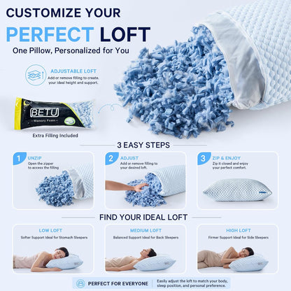 BETU Cooling Pillow Queen Size, Shredded Memory Foam Cool Pillow for Hot Sleepers, Adjustable Firm Soft Support Bed Pillows Perfect for Back Neck Pain and Side Sleeping with Pillow Case Cover, White