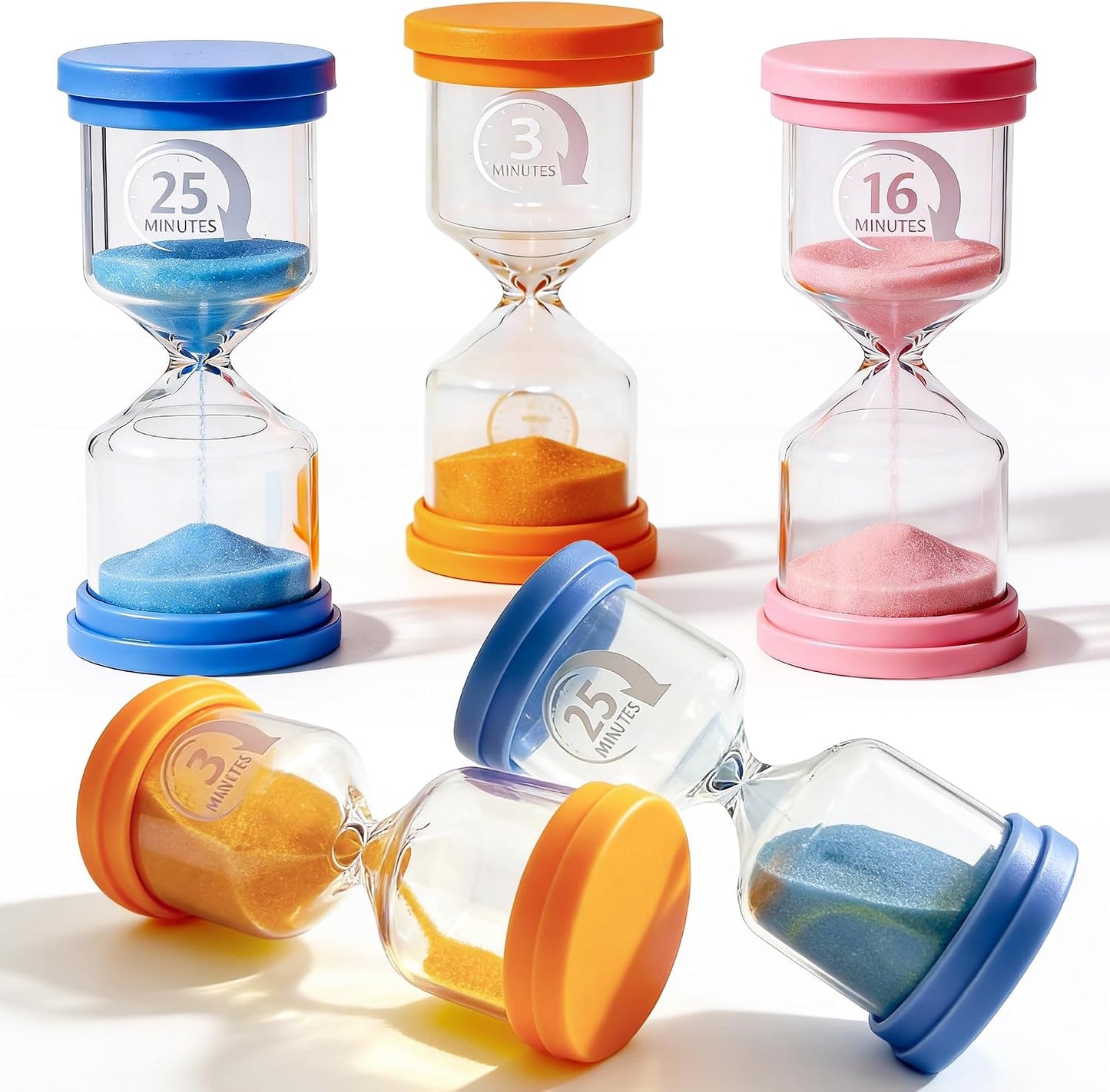 PROLOSO 6 Pcs Colorful Sand Timers Set Platic Sandglass Hourglass Sand Clock Timer 30sec/ 1min/ 2mins/ 3 Minutes/ 5 Minute/ 10mins for Kids Games Classroom Home Office Kitchen