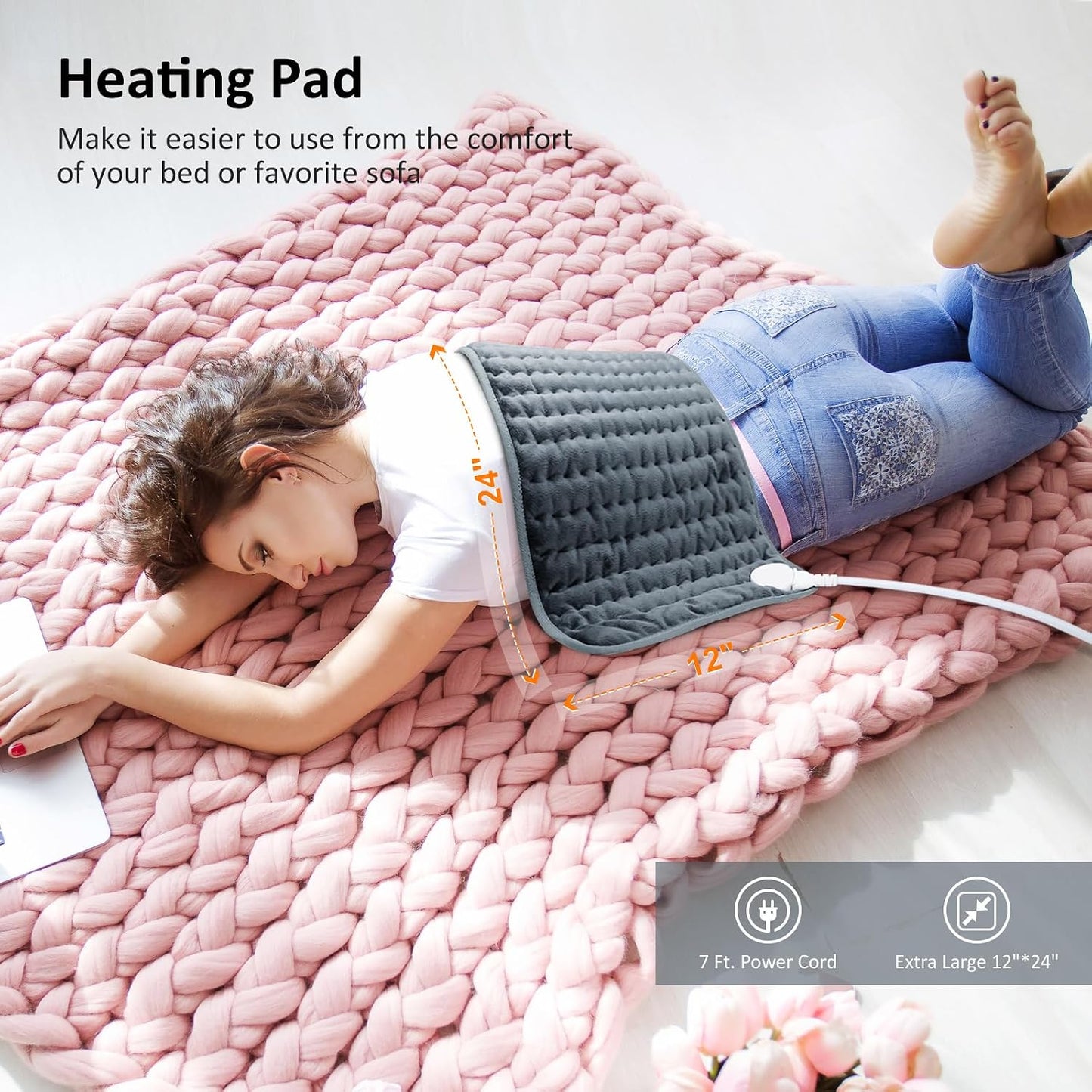 Heating pad for Back/Shoulder/Neck/Abdomen, Heating Pads with 6 Fast Heating Settings, Auto-Off, Machine Wash, Birthday Gifts for Women Mom Men Dad, Extra Large 12"x24", Blue