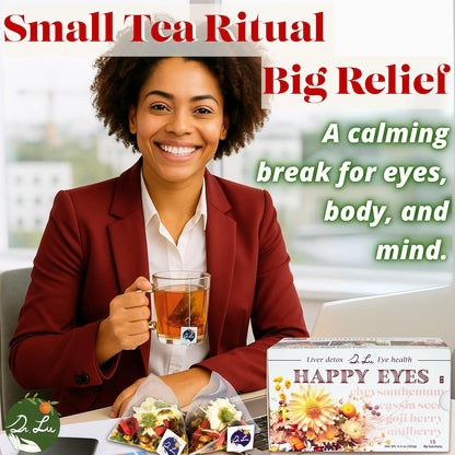 Dr. Lu’s Happy Eyes Tea | 100% Natural Eyebright Tea for Liver Cleanse | Liver Detox tea for Eye Health | Chrysanthemum, Cassia Seed, Goji Berry 8 Premium Herbs in Corn Fiber Pyramid Bags | Made in US