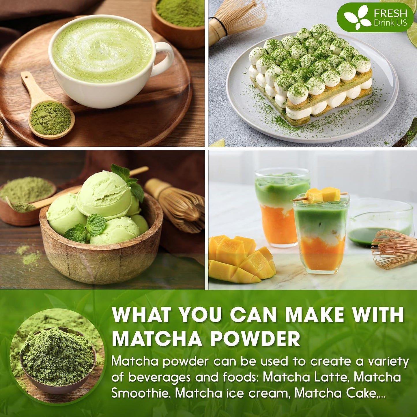 FreshDrinkUS, Matcha Latte Powder 16 oz – Premium Japanese-Style Blend for Smooth, Creamy Matcha Drinks – Perfect for Lattes, Baking, Smoothies & Daily Enjoyment. Vegan