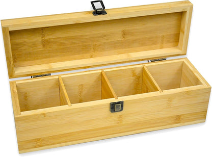 Tea Organizer Box Food Safe Chemical Free Bamboo Wood Storage Chest Big, Tall, Adjustable Cubbies (8-Slot 14.3" x 8.1" x 4.2" with TEA print design)