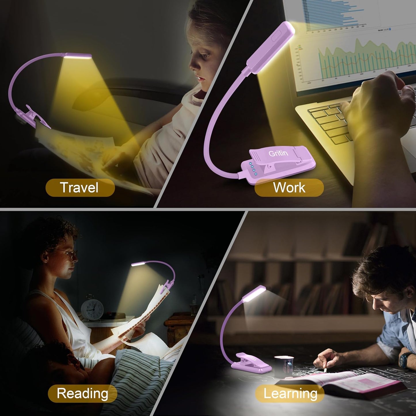 Gritin 9 LED Rechargeable Book Light for Reading in Bed | Eye Caring 3 Color Temps,Stepless Dimming Brightness,80 Hrs Runtime Small Lightweight Clip On Book Reading Light for Studying
