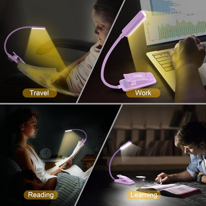 Gritin 9 LED Rechargeable Book Light for Reading in Bed | Eye Caring 3 Color Temps,Stepless Dimming Brightness,80 Hrs Runtime Small Lightweight Clip On Book Reading Light for Studying