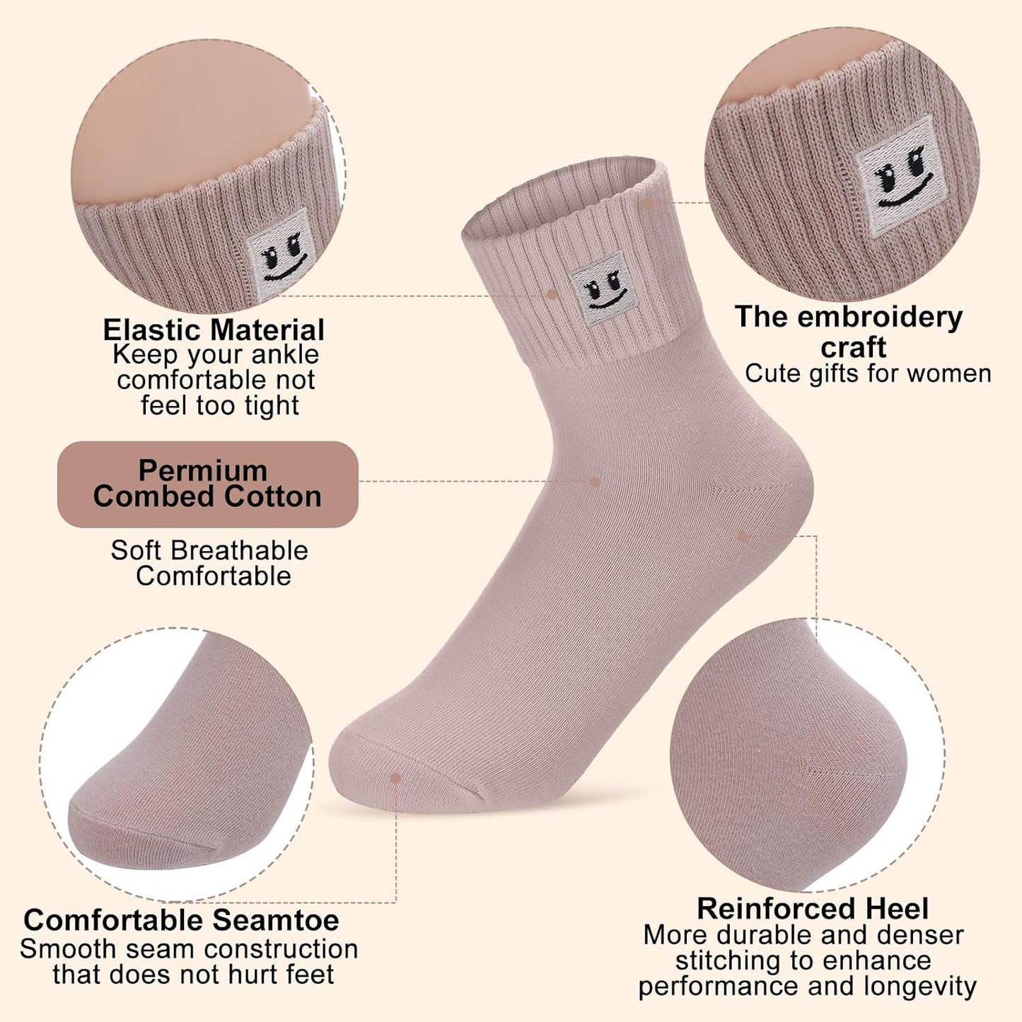 Eurzom 10 Pairs Socks Womens Crew Elastic Ankle Length Cotton Socks Aesthetic Cute Lightweight Low Cut Gifts for Women - Colors A