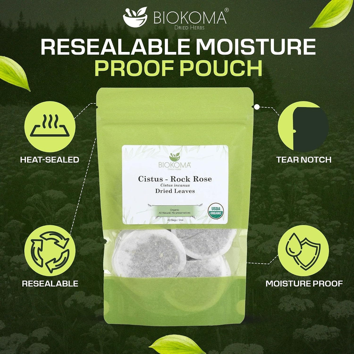 Biokoma Organic Cistus Rock Rose Tea Bags 40 Count Cistus Incanus Dried Leaves USDA Organic Herbal Tea Immune Respiratory Support Resealable Pouch Caffeine-Free Pure No Preservatives Non GMO Kosher