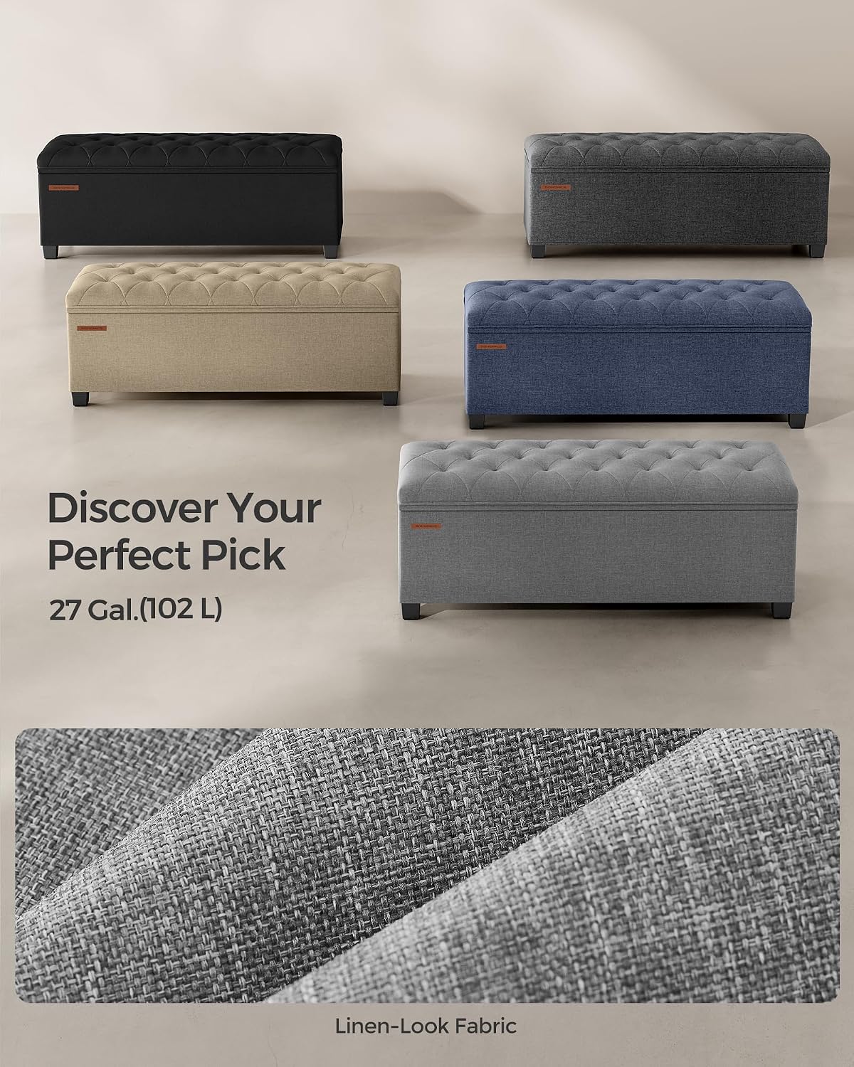 SONGMICS Storage Ottoman Bench, Foot Rest with Legs, 15.7 x 43.3 x 15.7 Inches, End of Bed Bench, Storage Chest, Load up to 660 lb, for Living Room, Bedroom, Entryway, Dark Gray ULSF088G01