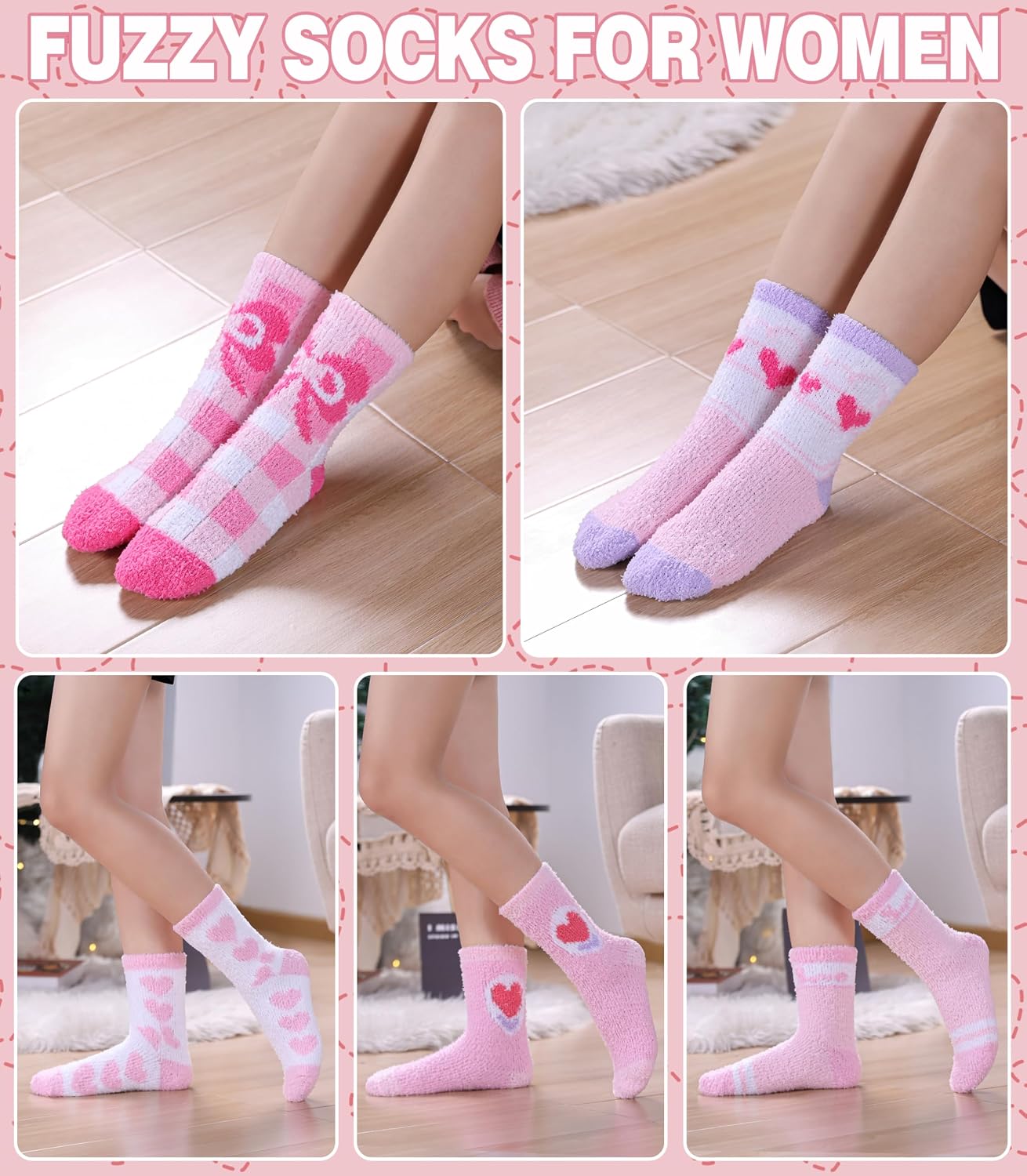 LANLEO Fuzzy Socks for Women Fluffy Slipper Winter Warm Soft Cozy Microfiber Plush Sleeping Heart Socks