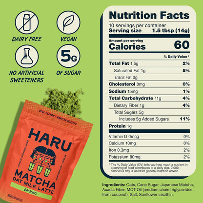 Haru Original Matcha Oat Milk Latte Mix, Ceremonial Japanese Matcha, Barista-Style Instant Latte, Vegan, Non-Dairy, Smooth Clean Energy, Just Add Water, 2-Pack (20 Lattes)