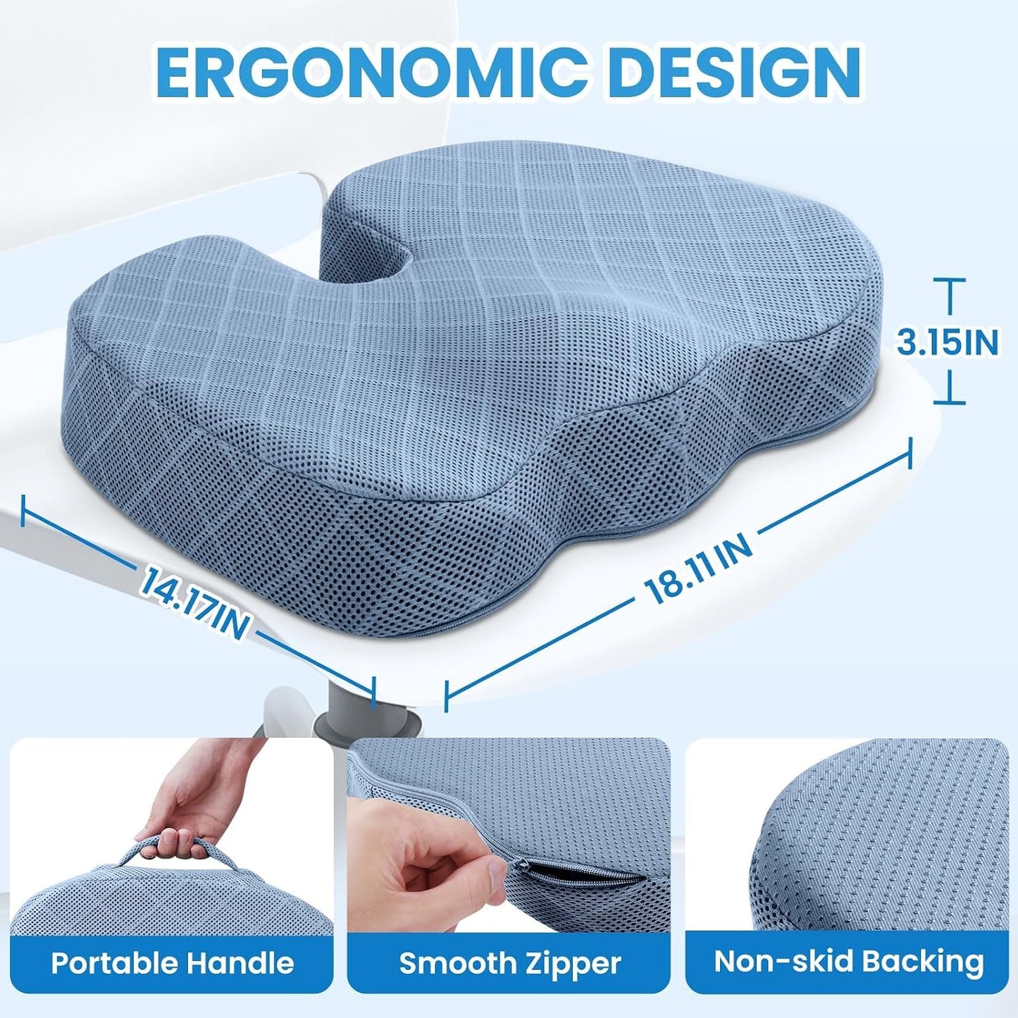 TushGuard Seat Cushion - Memory Foam Sitting Pillow for Office Chair, Car Seat, Airplane, Bleacher - Sciatica & Hip & Coccyx Pain Relief Desk Chair Cushion for Long Sitting Office Workers, Car Drivers