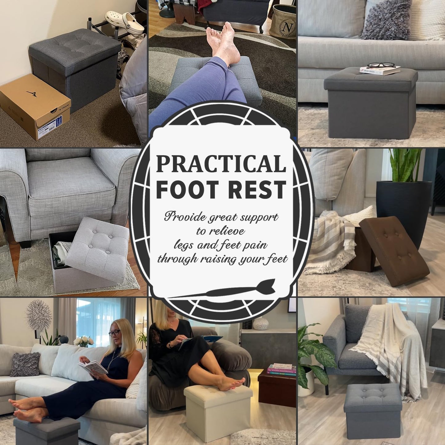 LINMAGCO Ottoman with Storage Small Foot Rest Stool Under Desk Stool Short Folding Footrest for Living Room Bedroom Home Office Dorm Dark Gray 16X12X12IN